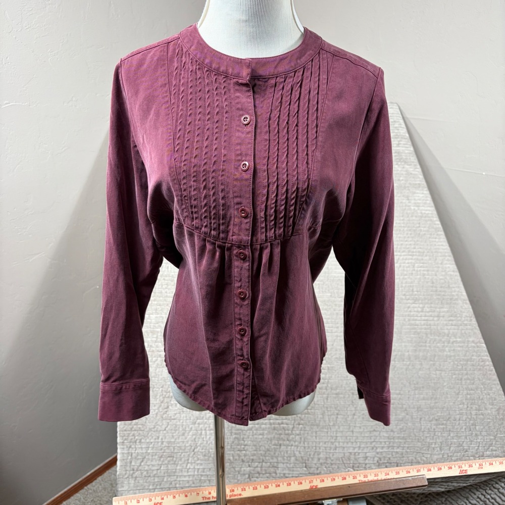 Pendleton Petite XS Burgundy Tencel Lyocell Pintuck Pleated Button Front Blouse